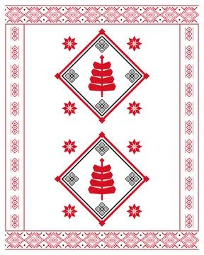 Two stylized red Christmas trees sit inside diamond folk medallions, surrou.. Stock Illustration