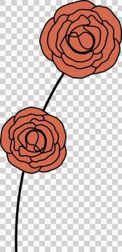 Two stylized red-orange rose blooms are growing on curved black stem, flat, Stockillustratie