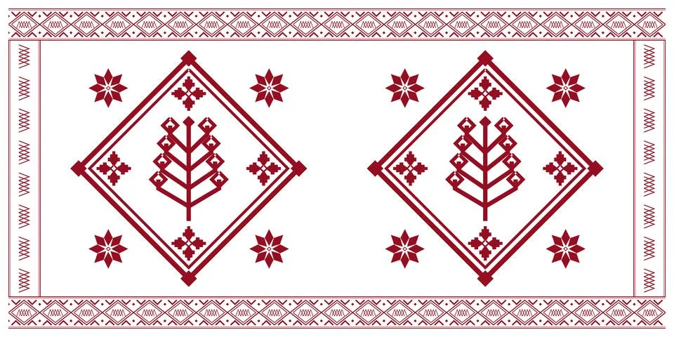 Two stylized tree emblems sit inside diamond frames, surrounded by floral a.. Stock-Illustration