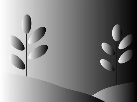 Two stylized trees on hills in grayscale gradient background Stock-Illustration