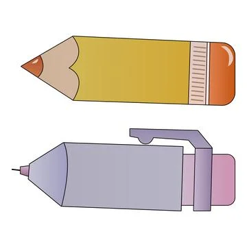 Two stylized writing tools a yellow pencil and a purple pen Stock Illustration