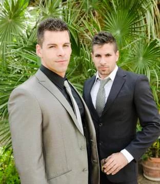 Two suit young men posing looking at the view Stock Photos