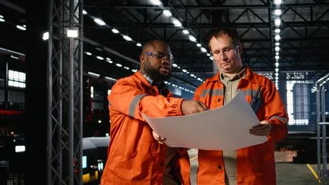 Two supervisors use plans to oversee construction and production tasks Stock Photos