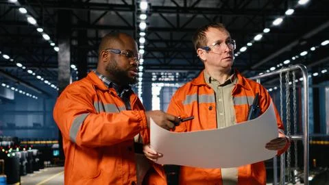 Two supervisors use plans to oversee construction and production tasks Stock Photos
