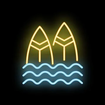 Two surfboards floating on water waves neon sign on black background Stockillustratie