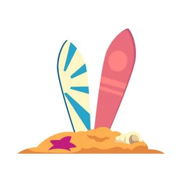 Two surfboards stand in the sand with a shell and a starfish. Illustrazione stock