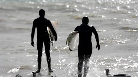 Two Surfer Jumping Into the Water Off the Dock, Two Surfers in Black Wetsuits Stock Footage 63620230