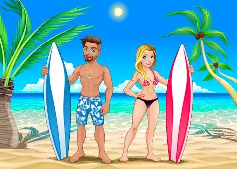 Two surfers on the beach Stock Illustration