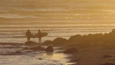 Two surfers getting in the water at sunset Stock Footage 88282879