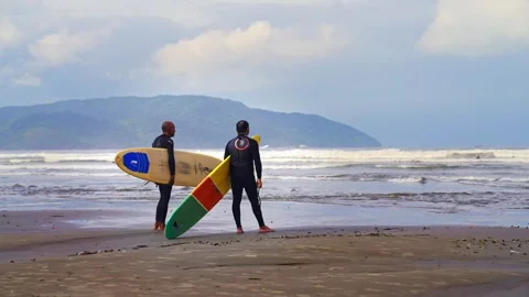 Two surfers looking out to sea before going surfing. Stock Footage 241974865
