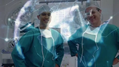 Two surgeons posing in OR as camera pull triggers animated nodes and holo brain Stock Footage 333904950