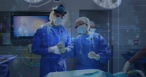 Two surgeons raising and gesturing AR interface with assistant joining preparing Vídeo Stock 325837205