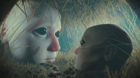 Two surreal heads looking at each other. Aliens, extraterrestrial beings. Sci-fi Stock Footage 249627145