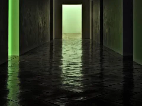 Two surreal light doors facing a dark hallway Stock Photos