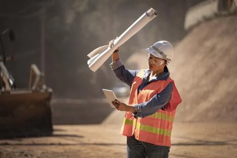 Two Surveyor builder Engineer technician  Business Team discuss plan at new c Stock Photos