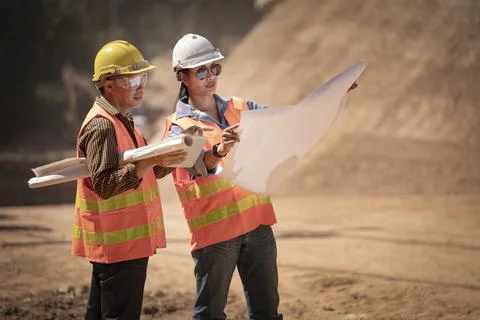 Two Surveyor builder Engineer technician  Business Team discuss plan at new c Foto stock