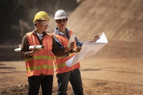 Two Surveyor builder Engineer technician  Business Team discuss plan at new c Stock Photos