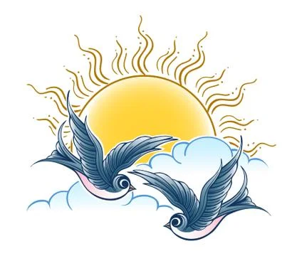 Two Swallows Flies in the Sky Stock Illustration