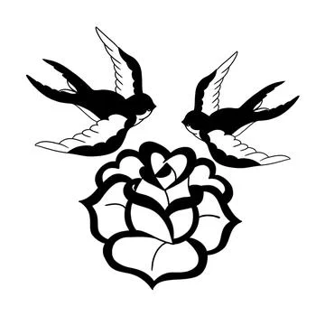 Two swallows with a rose old school tattoo. Swallows pattern on white background Stock Illustration