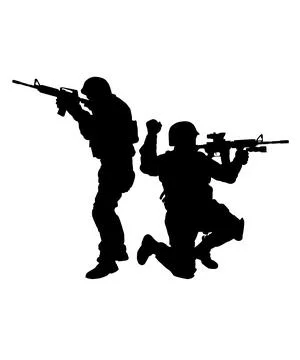 Two SWAT fighters aiming weapon vector silhouette Stock Illustration