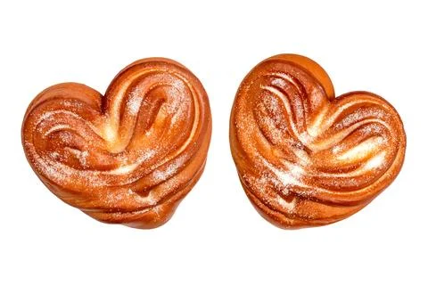 Two Sweet buns with sugar in the shape of a heart, Isolated Stock Photos