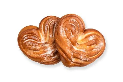 Two Sweet buns with sugar in the shape of a heart, Isolated Stock Photos