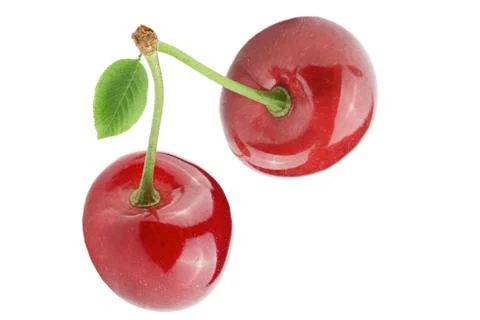 Two sweet cherries with leaf isolated on white Stock Photos