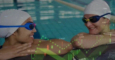 Two swimmers chatting poolside as frames progressing overlaying sports graphs on Stock Footage 330546671