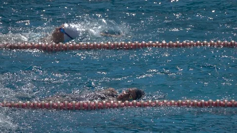 Two Swimmers train in swimming pool. Slow motion 250 fps Stock-Footage 90074469