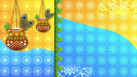 Two swinging dahi handi on colorfull background with traditional patterns a.. Stock Footage 313230502