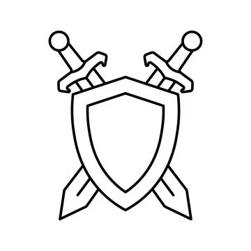 Two swords and shield icon in linear style. Stock Illustration