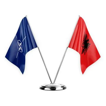 Two table flags isolated on white background 3d illustration, nato and albeni Stock Illustration