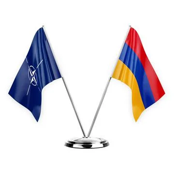 Two table flags isolated on white background 3d illustration, nato and armeni Stock Illustration