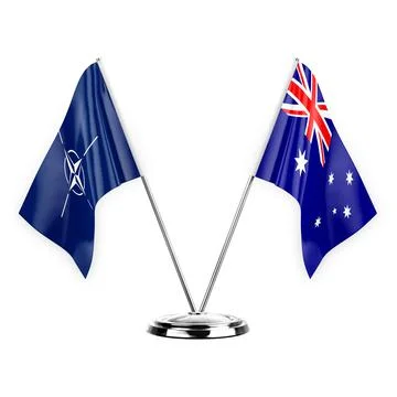 Two table flags isolated on white background 3d illustration, nato and austra Stock Illustration