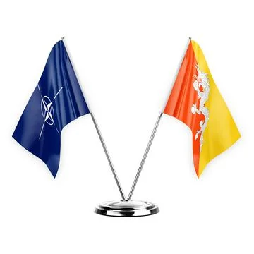 Two table flags isolated on white background 3d illustration, nato and bhutan Stock Illustration