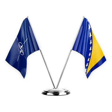 Two table flags isolated on white background 3d illustration, nato and bosnia Stock Illustration