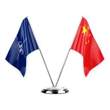 Two table flags isolated on white background 3d illustration, nato and china Stock Illustration