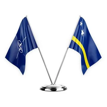 Two table flags isolated on white background 3d illustration, nato and curaca Stock Illustration