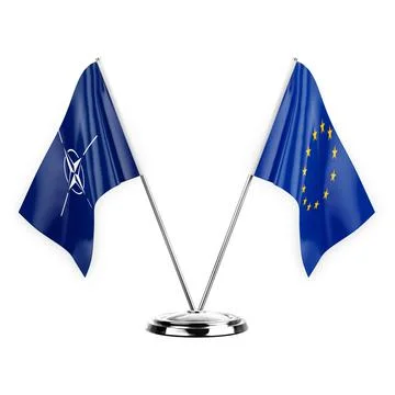 Two table flags isolated on white background 3d illustration, nato and europe Stock Illustration