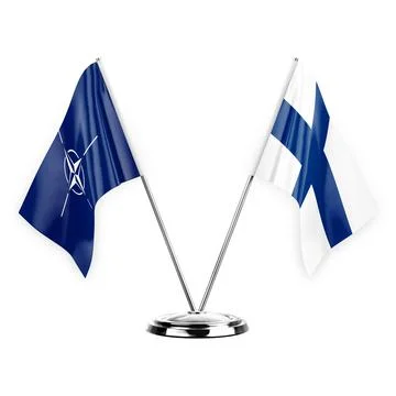 Two table flags isolated on white background 3d illustration, nato and finlan Stock Illustration