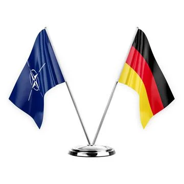 Two table flags isolated on white background 3d illustration, nato and german Stock Illustration