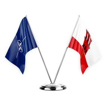 Two table flags isolated on white background 3d illustration, nato and gibral Stock Illustration