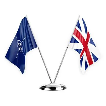 Two table flags isolated on white background 3d illustration, nato and britai Stock Illustration