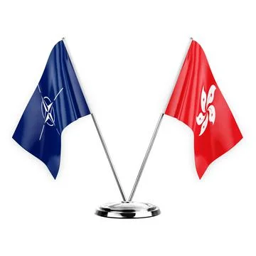 Two table flags isolated on white background 3d illustration, nato and hong k Stock Illustration