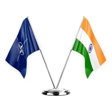 Two table flags isolated on white background 3d illustration, nato and india Stock Illustration