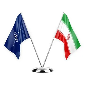 Two table flags isolated on white background 3d illustration, nato and iran Stock Illustration