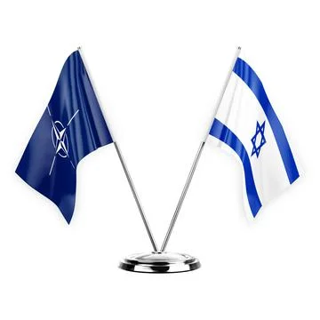 Two table flags isolated on white background 3d illustration, nato and israel Stock Illustration