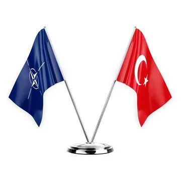 Two table flags isolated on white background 3d illustration, nato and turkey Stock Illustration