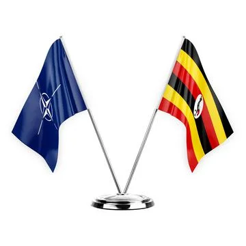 Two table flags isolated on white background 3d illustration, nato and uganda Stock Illustration