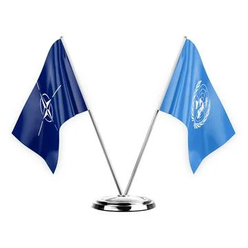 Two table flags isolated on white background 3d illustration, nato and united Stock Illustration